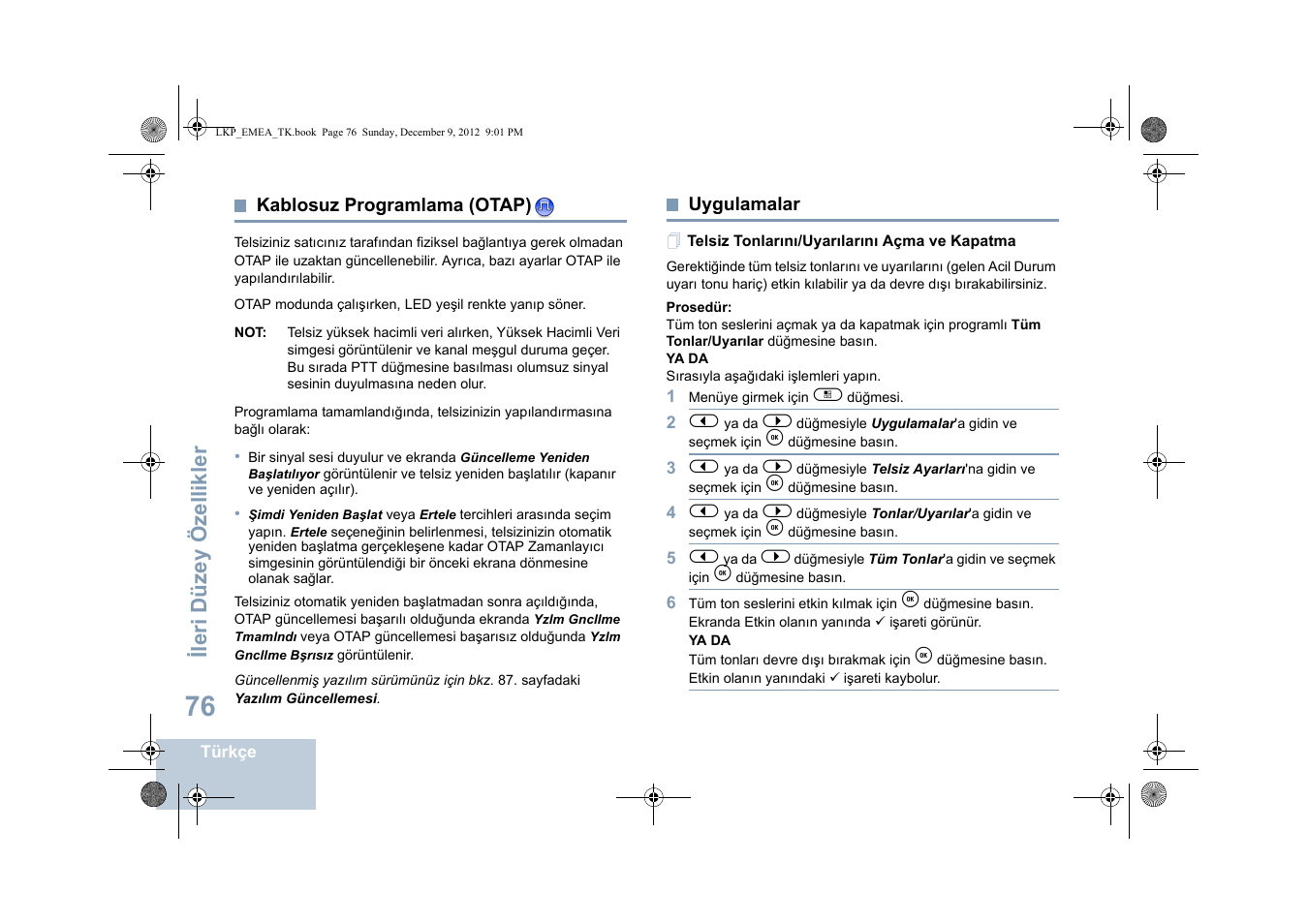 Kablosuz programlama (otap), Uygulamalar, Telsiz tonlarını/uyarılarını açma ve kapatma | Kablosuz programlama (otap) uygulamalar, Sayfa, Ileri düzey özellikler | Motorola DP 2600 User Manual | Page 584 / 900