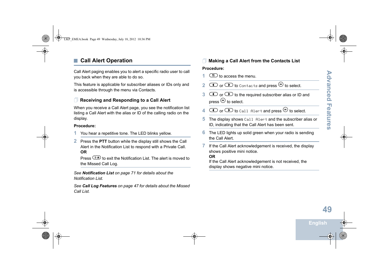 Call alert operation, Receiving and responding to a call alert, Making a call alert from the contacts list | Motorola DP 2600 User Manual | Page 59 / 900