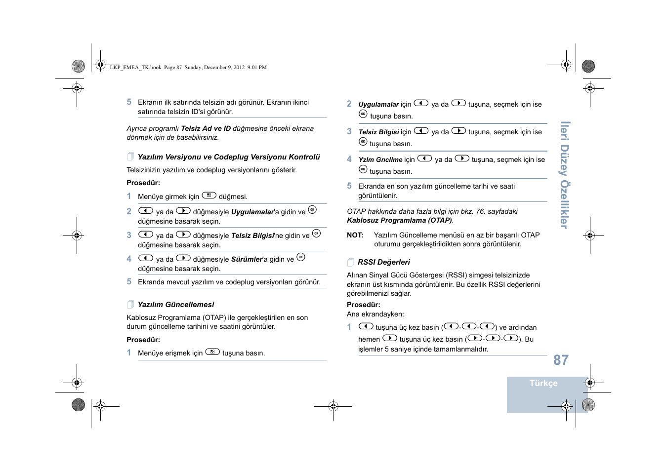 Yazılım versiyonu ve codeplug versiyonu kontrolü, Yazılım güncellemesi, Rssi değerleri | Ileri düzey özellikler | Motorola DP 2600 User Manual | Page 595 / 900