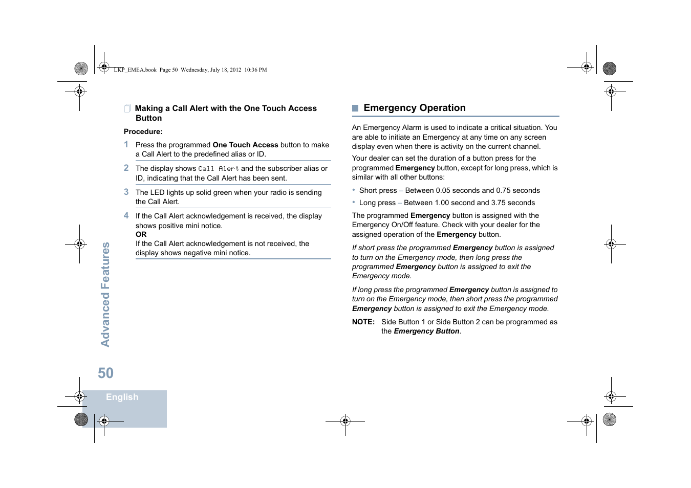 Emergency operation, Advanced features | Motorola DP 2600 User Manual | Page 60 / 900