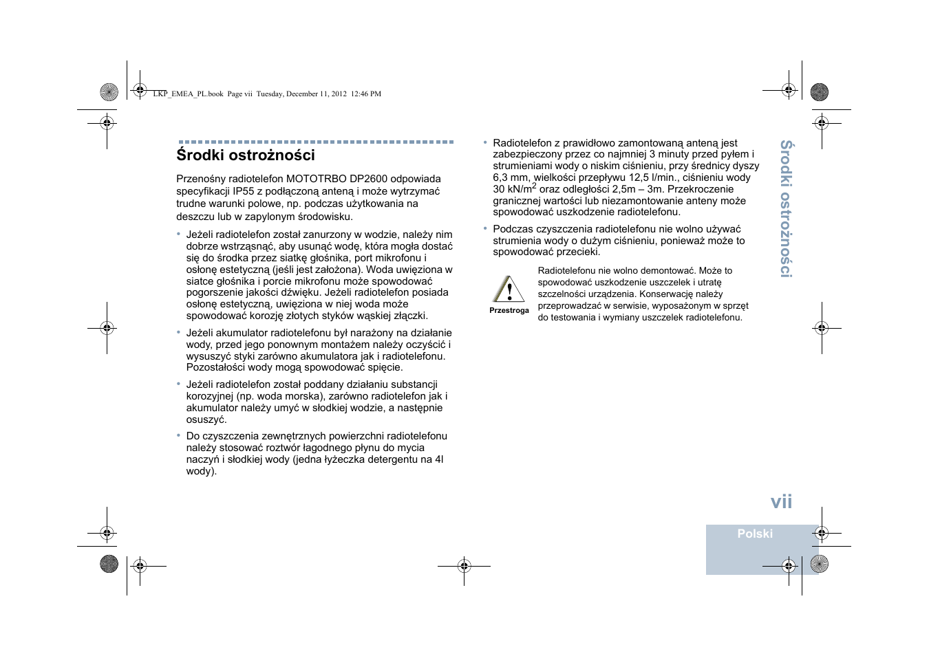 Środki ostrożności, Środki os tro żno ś ci | Motorola DP 2600 User Manual | Page 607 / 900