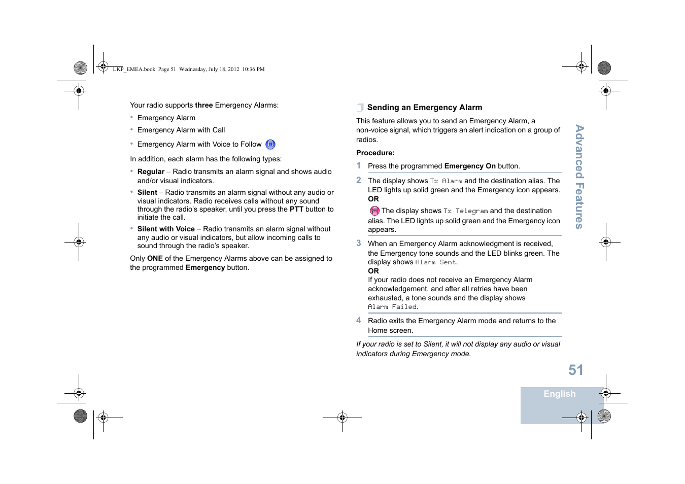 Sending an emergency alarm, Advanced features | Motorola DP 2600 User Manual | Page 61 / 900