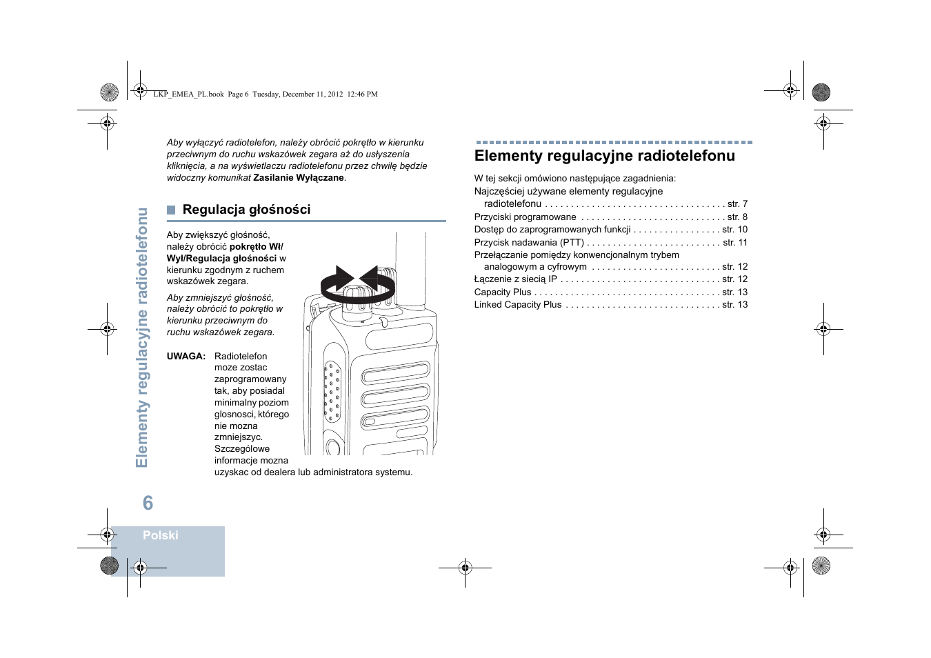 Regulacja głośności, Elementy regulacyjne radiotelefonu | Motorola DP 2600 User Manual | Page 614 / 900