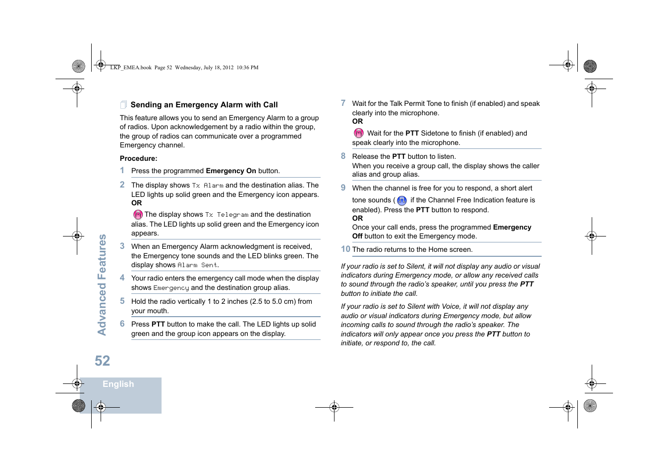 Sending an emergency alarm with call, Advanced features | Motorola DP 2600 User Manual | Page 62 / 900