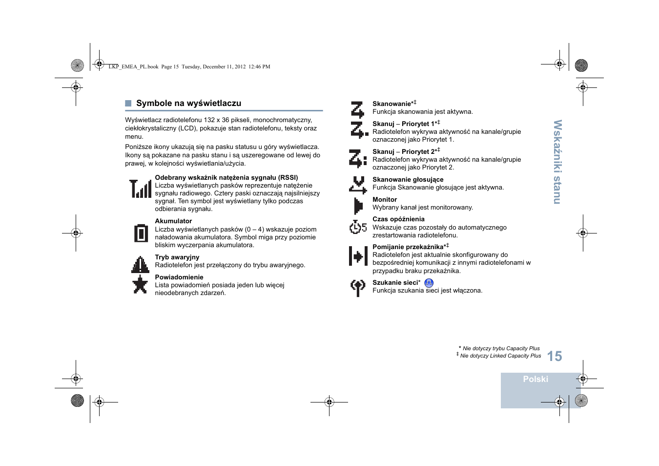 Symbole na wyświetlaczu, Wska źniki st anu | Motorola DP 2600 User Manual | Page 623 / 900