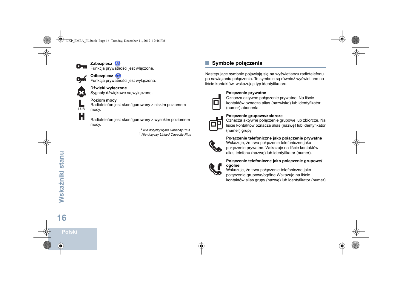 Symbole połączenia, Wska źniki st anu | Motorola DP 2600 User Manual | Page 624 / 900