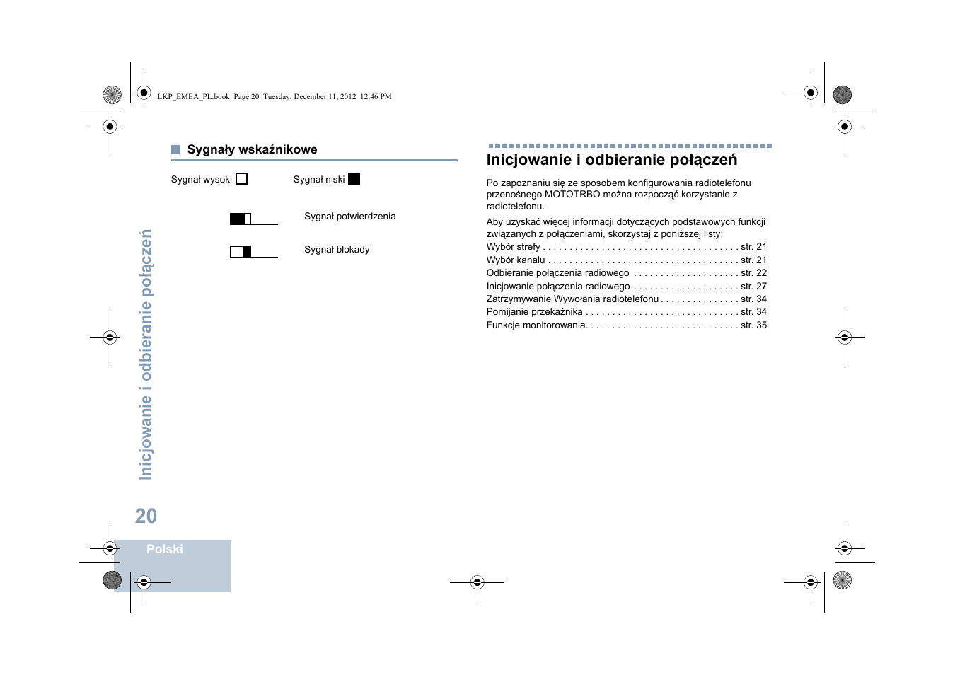 Sygnały wskaźnikowe, Inicjowanie i odbieranie połączeń | Motorola DP 2600 User Manual | Page 628 / 900