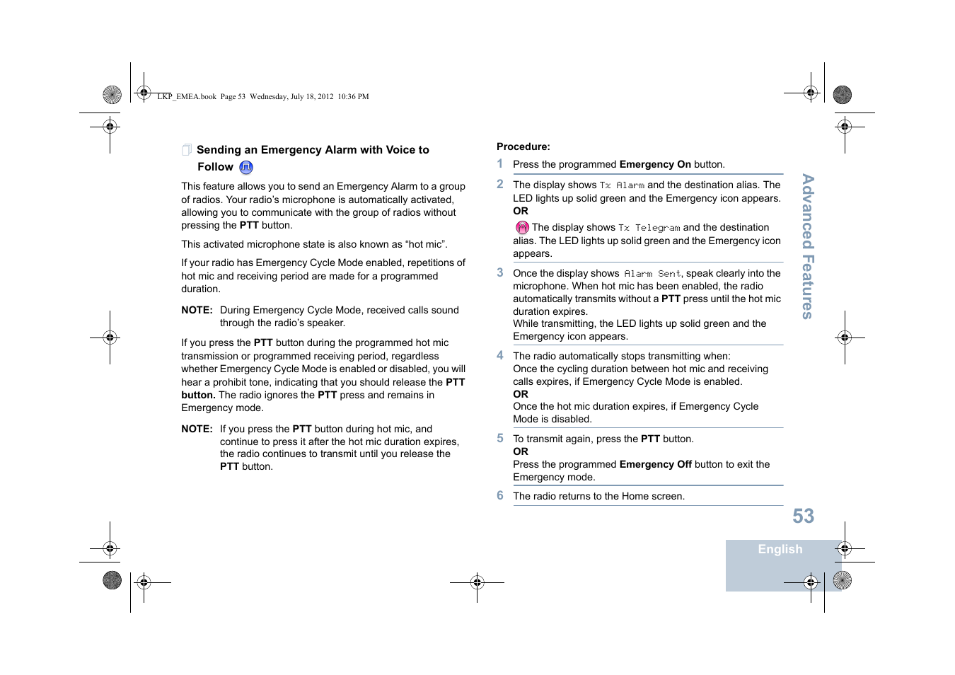 Sending an emergency alarm with voice to follow, Advanced features | Motorola DP 2600 User Manual | Page 63 / 900