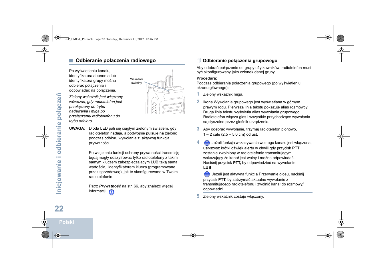 Odbieranie połączenia radiowego, Odbieranie połączenia grupowego, Inicjowanie i odbieranie po łą cze ń | Motorola DP 2600 User Manual | Page 630 / 900