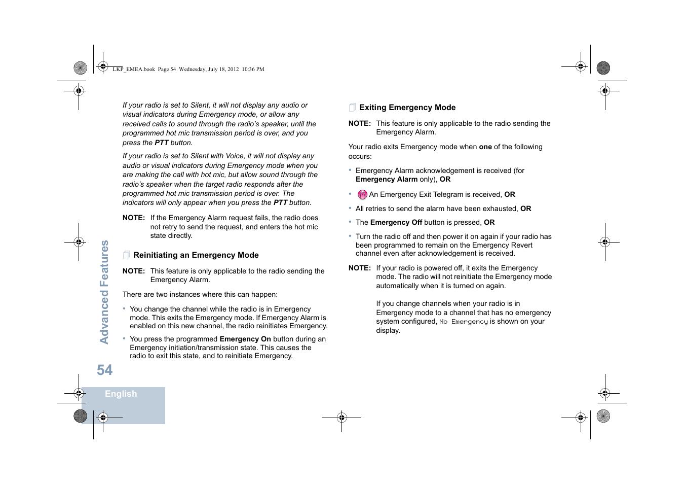 Reinitiating an emergency mode, Exiting emergency mode, Advanced features | Motorola DP 2600 User Manual | Page 64 / 900