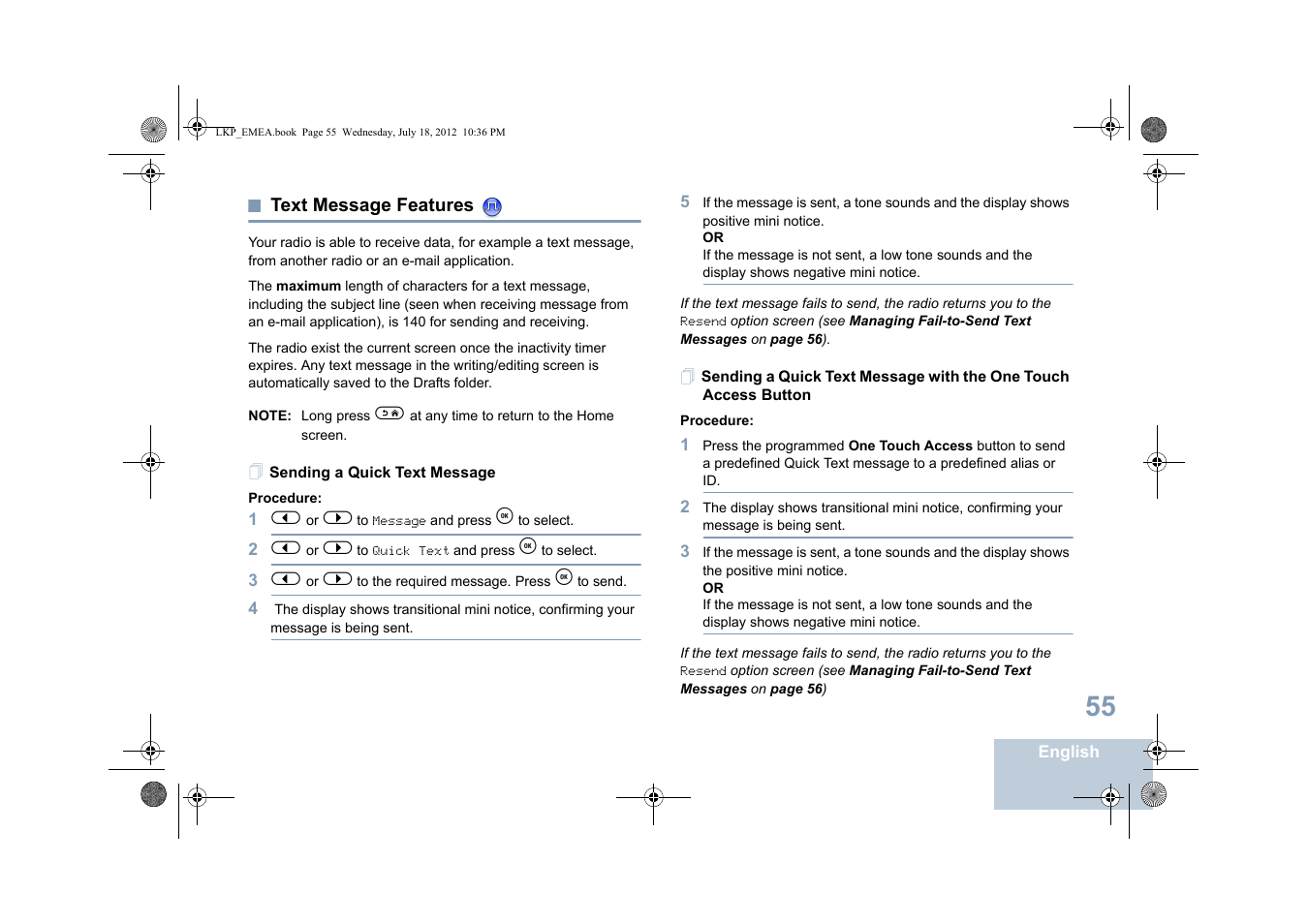 Text message features, Sending a quick text message | Motorola DP 2600 User Manual | Page 65 / 900