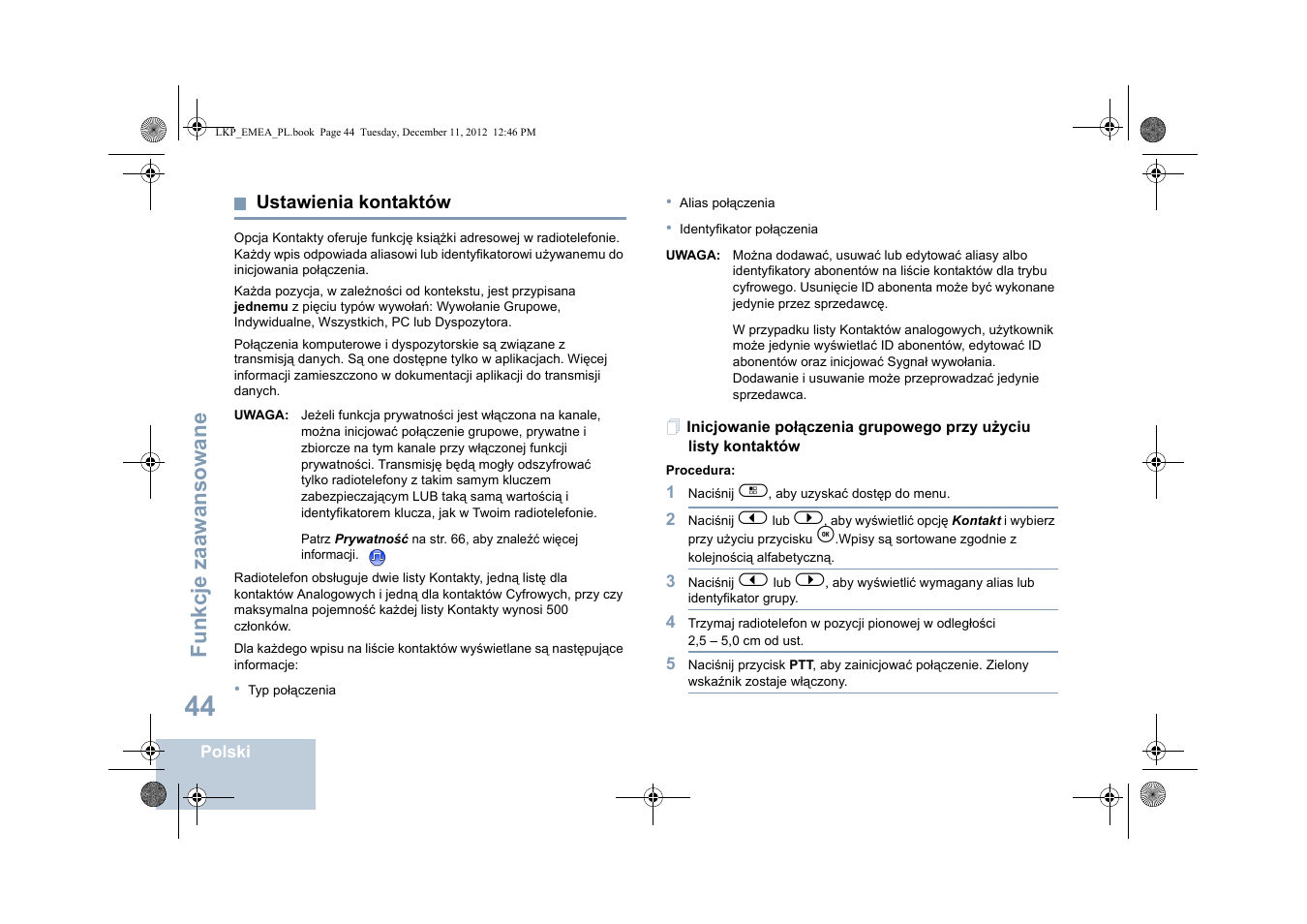 Ustawienia kontaktów, Fu nkcje zaaw an so wane | Motorola DP 2600 User Manual | Page 652 / 900