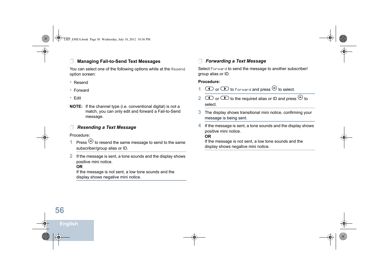 Managing fail-to-send text messages, Resending a text message, Forwarding a text message | Motorola DP 2600 User Manual | Page 66 / 900