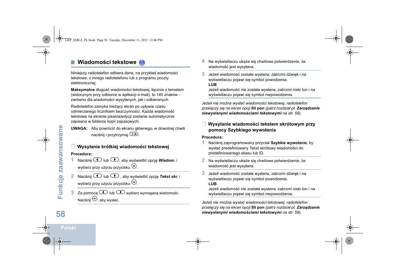 Wiadomości tekstowe, Wysyłanie krótkiej wiadomości tekstowej, Fu nkcje zaaw an so wane | Motorola DP 2600 User Manual | Page 666 / 900