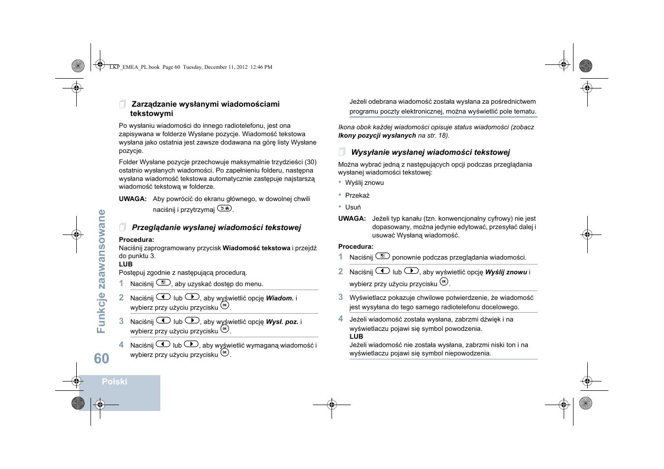 Zarządzanie wysłanymi wiadomościami tekstowymi, Przeglądanie wysłanej wiadomości tekstowej, Fu nkcje zaaw an so wane | Motorola DP 2600 User Manual | Page 668 / 900