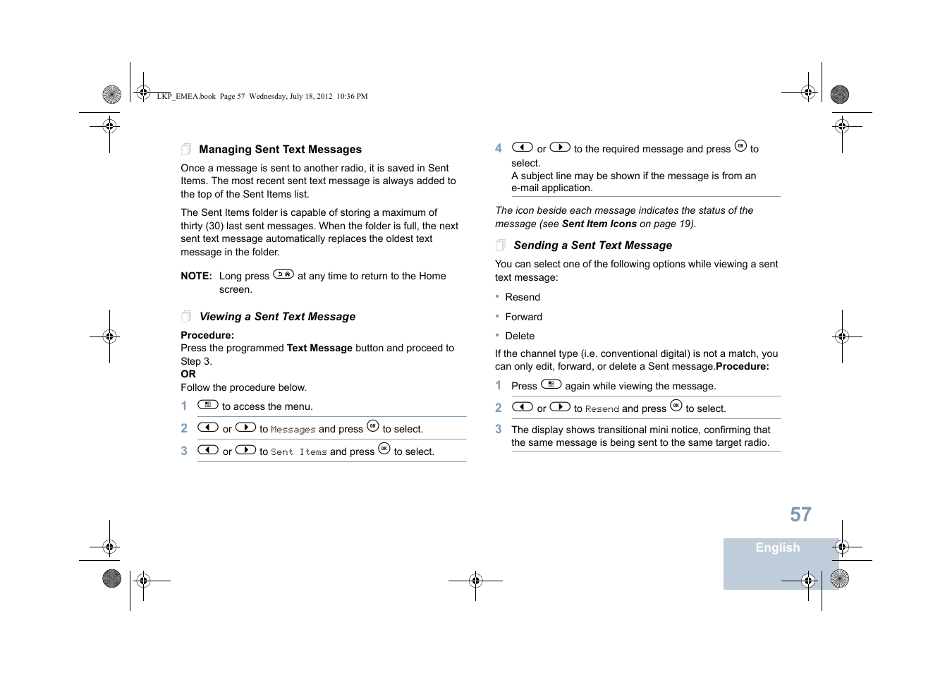 Managing sent text messages, Viewing a sent text message | Motorola DP 2600 User Manual | Page 67 / 900