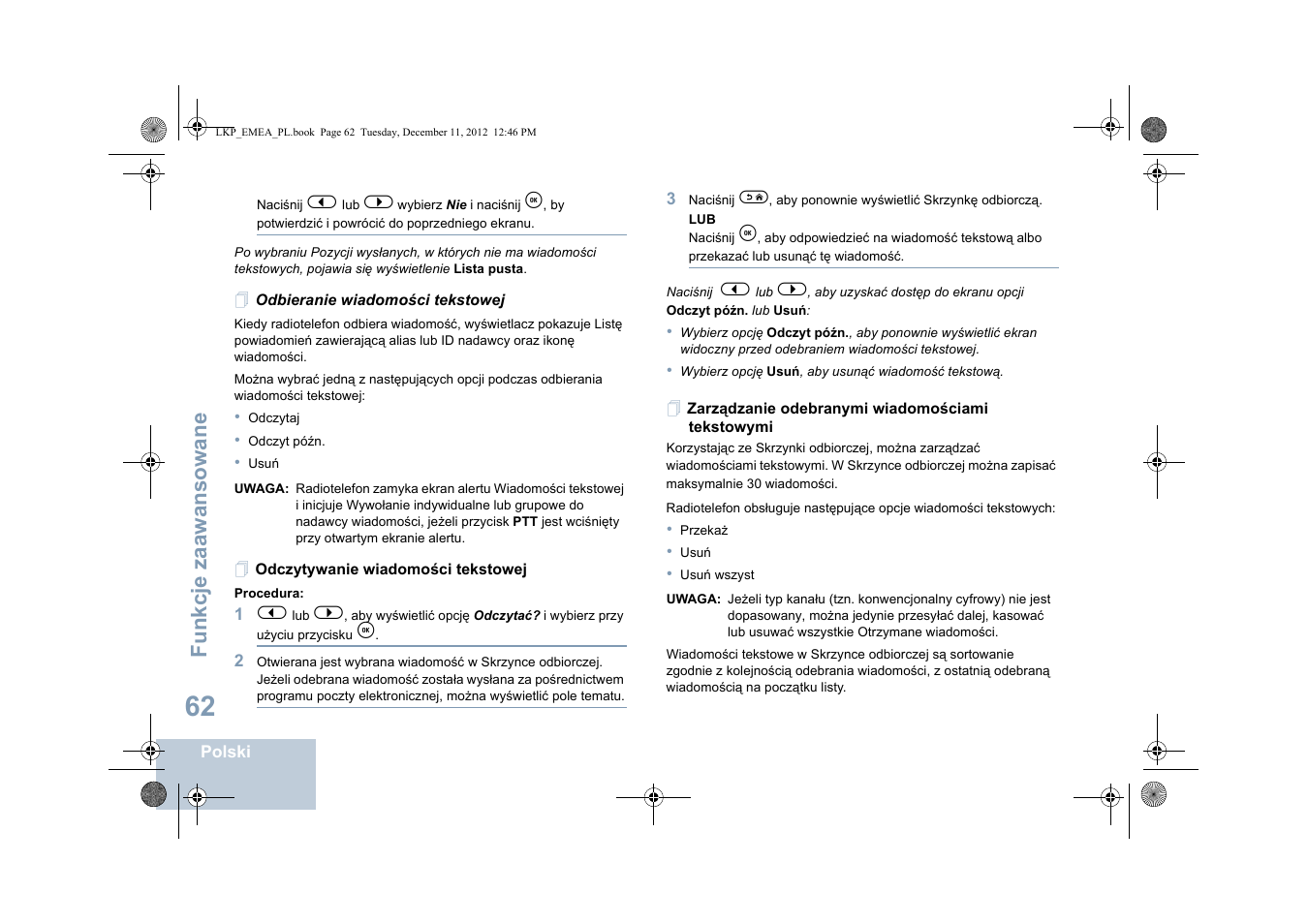 Odbieranie wiadomości tekstowej, Odczytywanie wiadomości tekstowej, Zarządzanie odebranymi wiadomościami tekstowymi | Fu nkcje zaaw an so wane | Motorola DP 2600 User Manual | Page 670 / 900