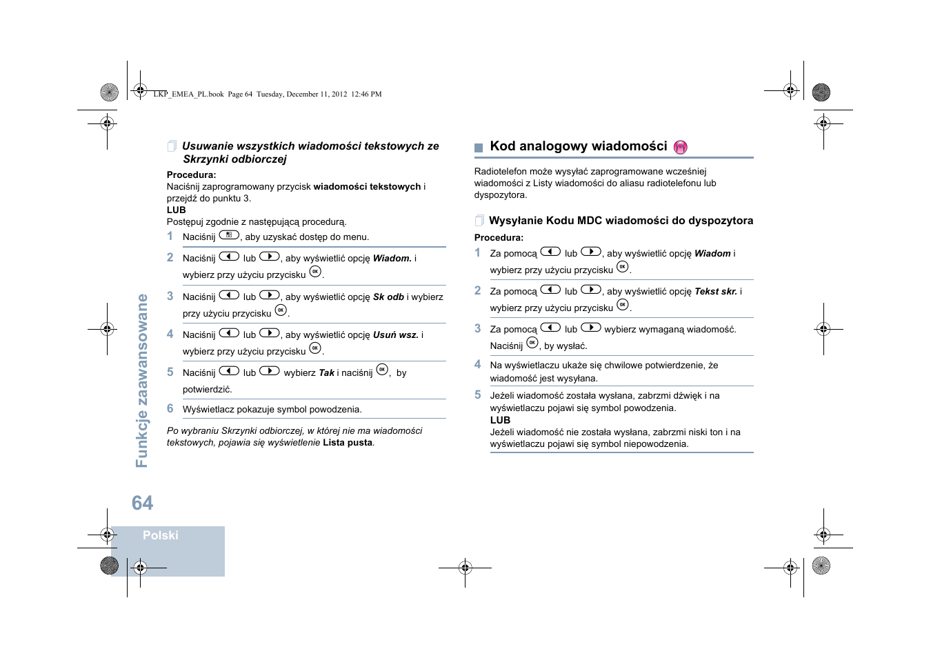 Kod analogowy wiadomości, Wysyłanie kodu mdc wiadomości do dyspozytora, Fu nkcje zaaw an so wane | Motorola DP 2600 User Manual | Page 672 / 900