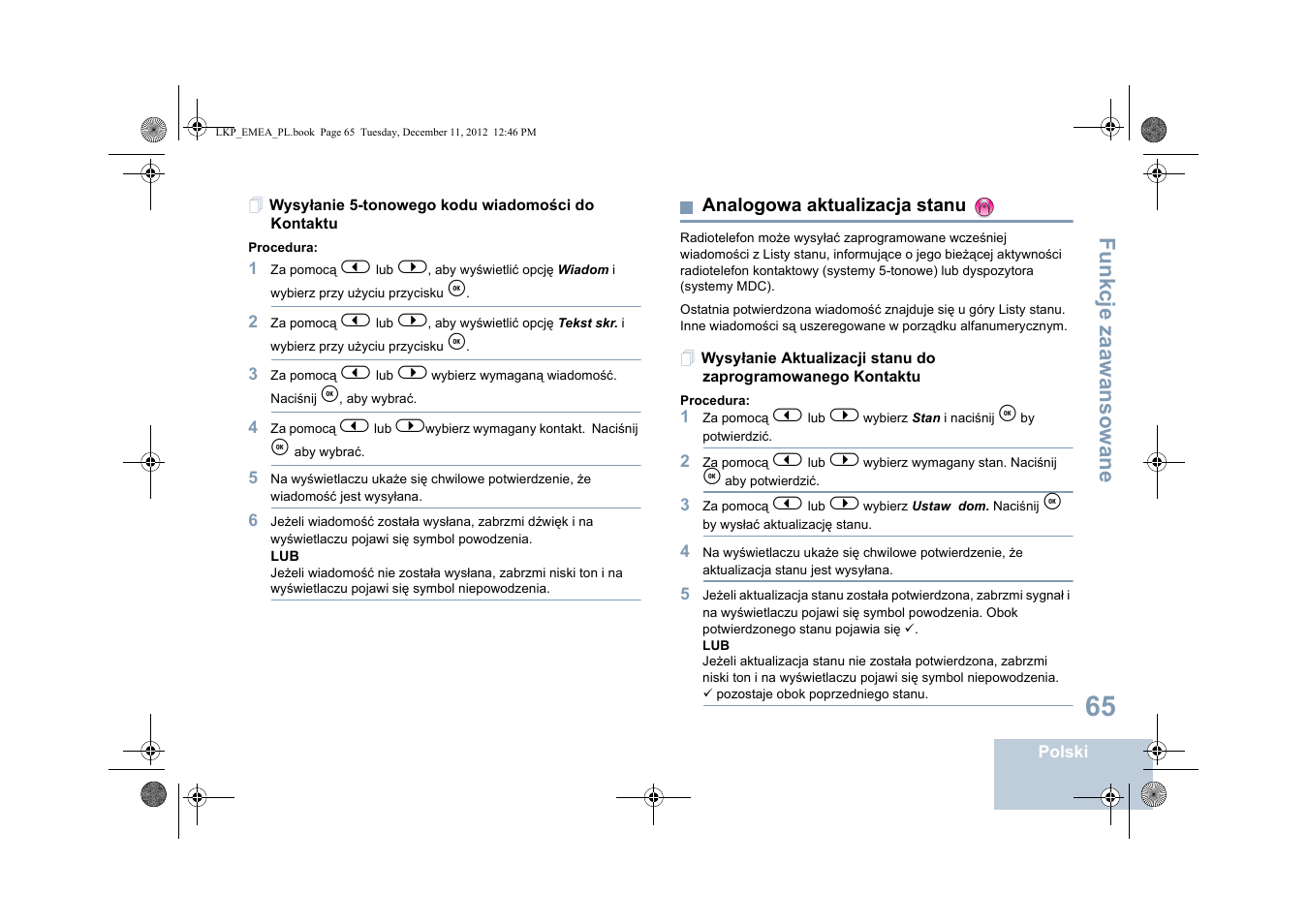 Wysyłanie 5-tonowego kodu wiadomości do kontaktu, Analogowa aktualizacja stanu, Fu n kcje zaaw an so wan e | Motorola DP 2600 User Manual | Page 673 / 900