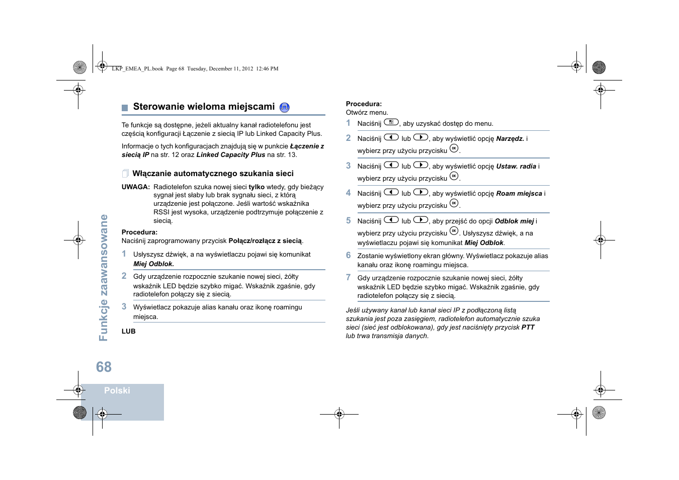 Sterowanie wieloma miejscami, Włączanie automatycznego szukania sieci, Fu nkcje zaaw an so wane | Motorola DP 2600 User Manual | Page 676 / 900