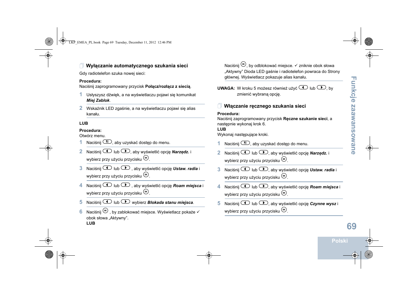 Wyłączanie automatycznego szukania sieci, Włączanie ręcznego szukania sieci, Fu n kcje zaaw an so wan e | Motorola DP 2600 User Manual | Page 677 / 900