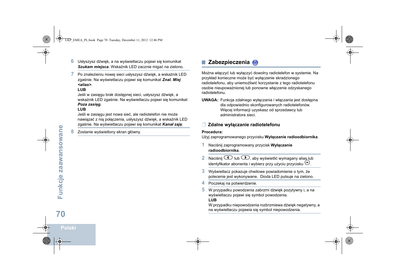 Zabezpieczenia, Zdalne wyłączanie radiotelefonu, Fu nkcje zaaw an so wane | Motorola DP 2600 User Manual | Page 678 / 900