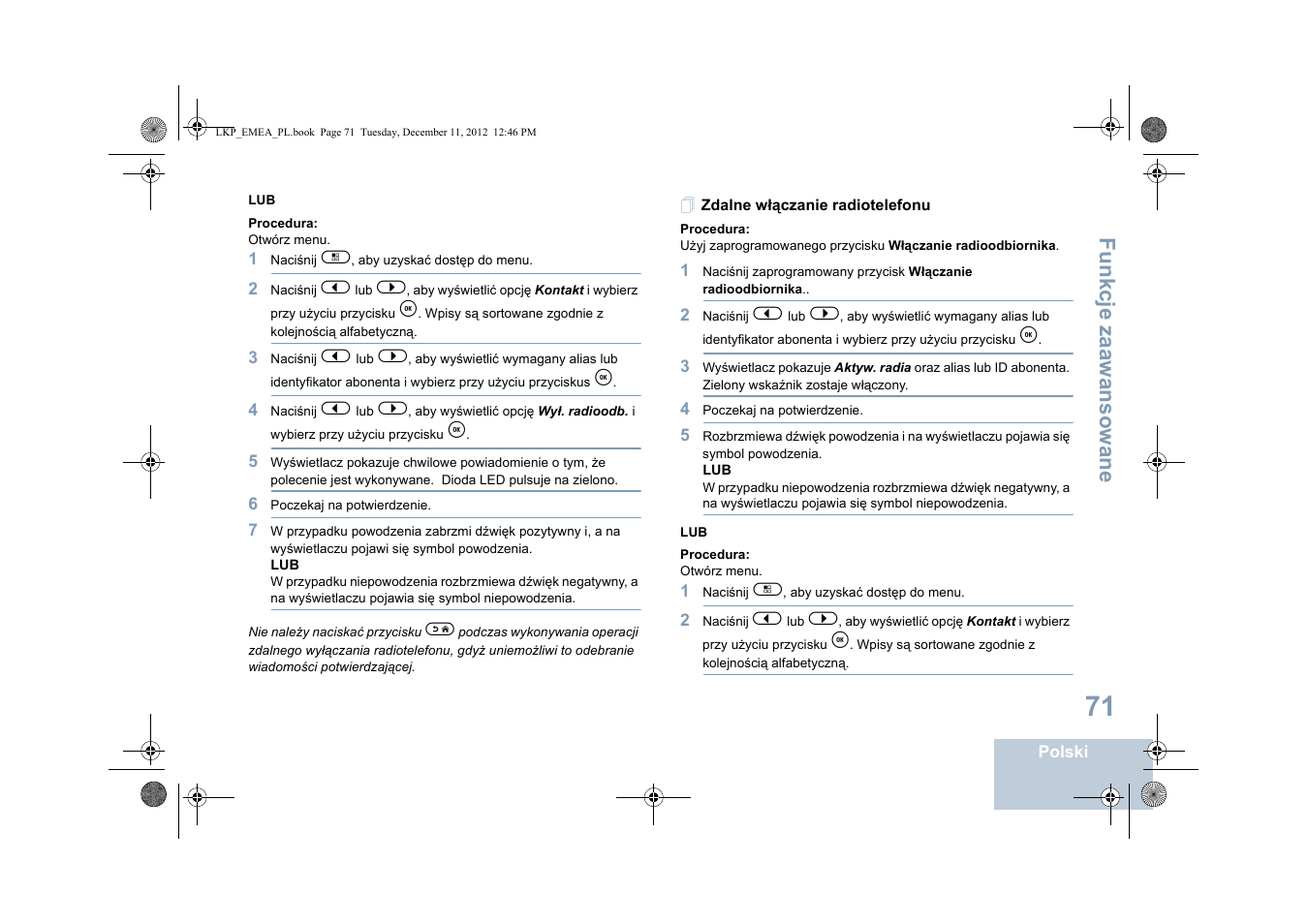 Zdalne włączanie radiotelefonu, Fu n kcje zaaw an so wan e | Motorola DP 2600 User Manual | Page 679 / 900