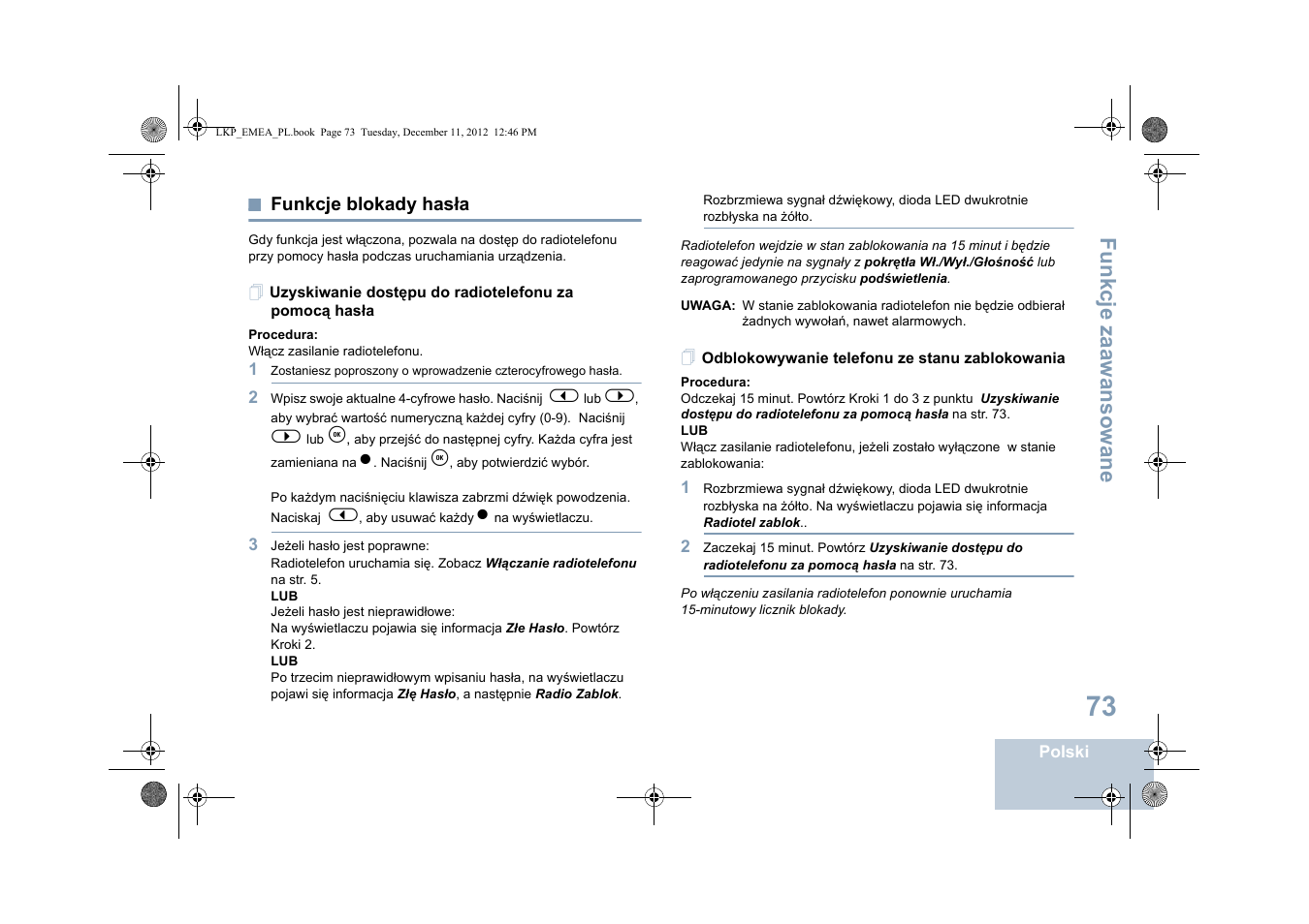 Funkcje blokady hasła, Odblokowywanie telefonu ze stanu zablokowania, Fu n kcje zaaw an so wan e | Motorola DP 2600 User Manual | Page 681 / 900