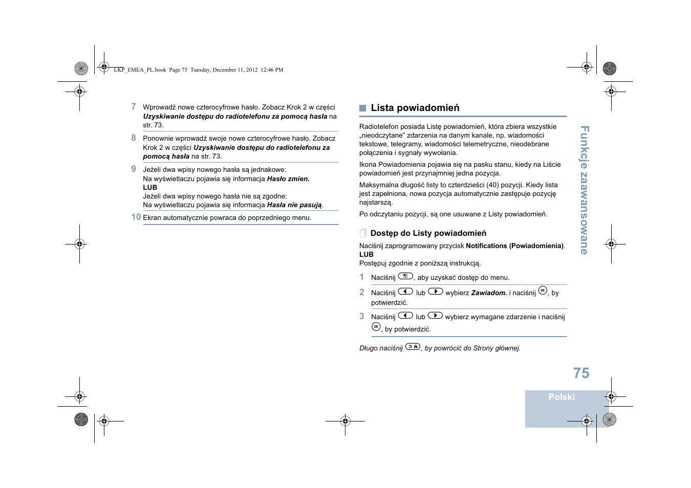 Lista powiadomień, Dostęp do listy powiadomień, Fu n kcje zaaw an so wan e | Motorola DP 2600 User Manual | Page 683 / 900