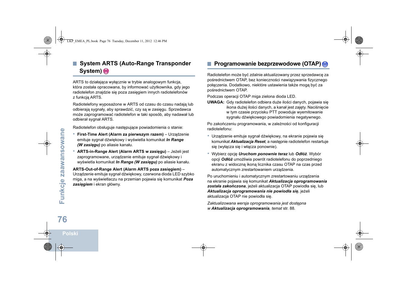 System arts (auto-range transponder system), Programowanie bezprzewodowe (otap), Fu nkcje zaaw an so wane | Motorola DP 2600 User Manual | Page 684 / 900