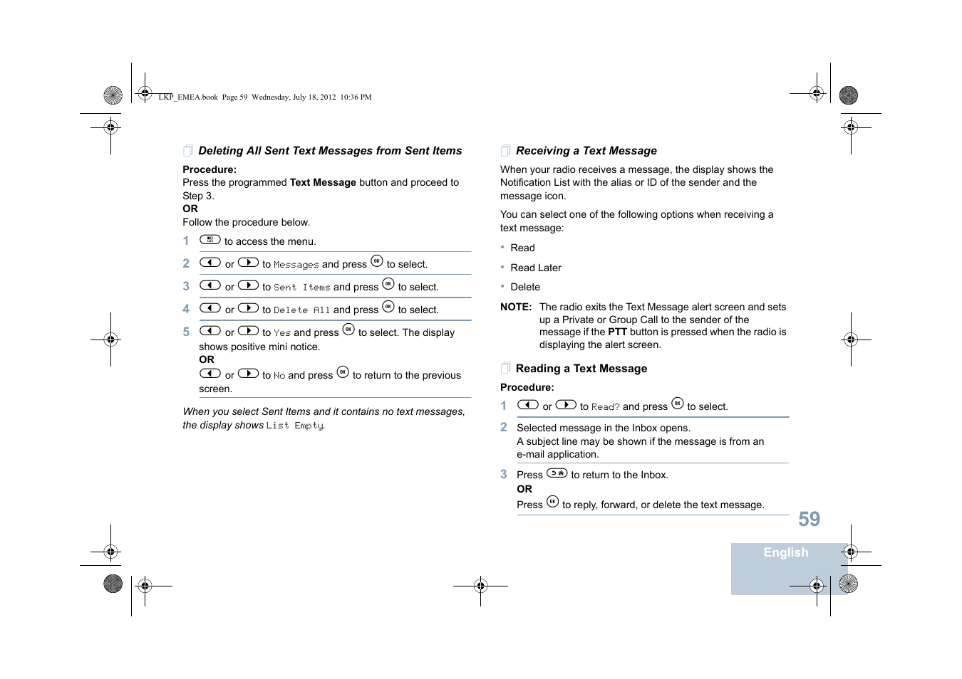 Deleting all sent text messages from sent items, Receiving a text message, Reading a text message | Motorola DP 2600 User Manual | Page 69 / 900