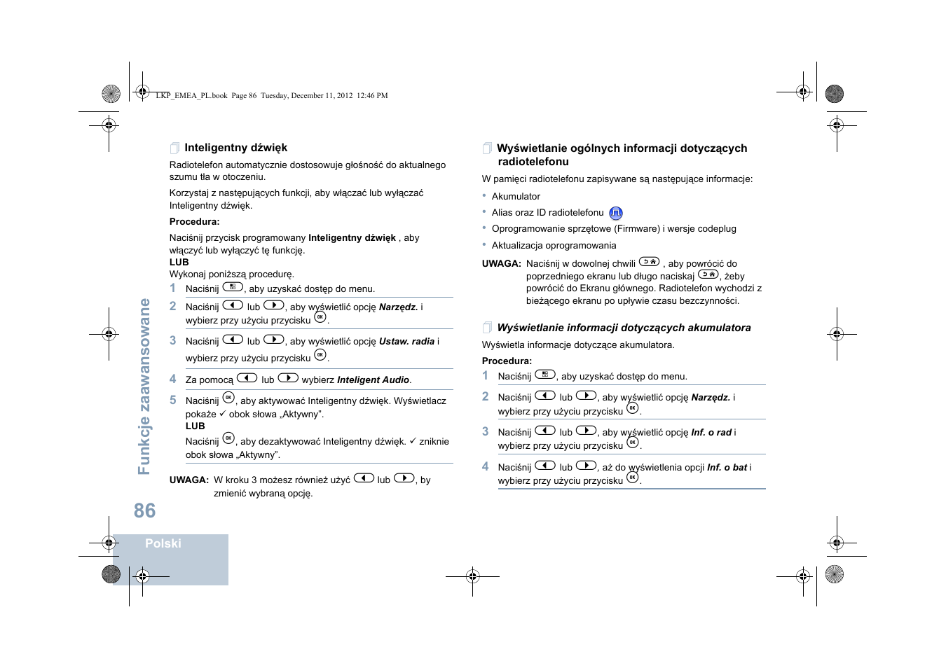 Inteligentny dźwięk, Wyświetlanie informacji dotyczących akumulatora, Fu nkcje zaaw an so wane | Motorola DP 2600 User Manual | Page 694 / 900