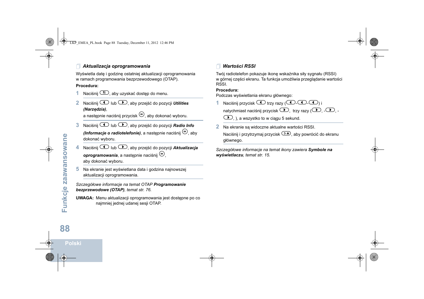 Aktualizacja oprogramowania, Wartości rssi, Aktualizacja oprogramowania wartości rssi | Fu nkcje zaaw an so wane | Motorola DP 2600 User Manual | Page 696 / 900