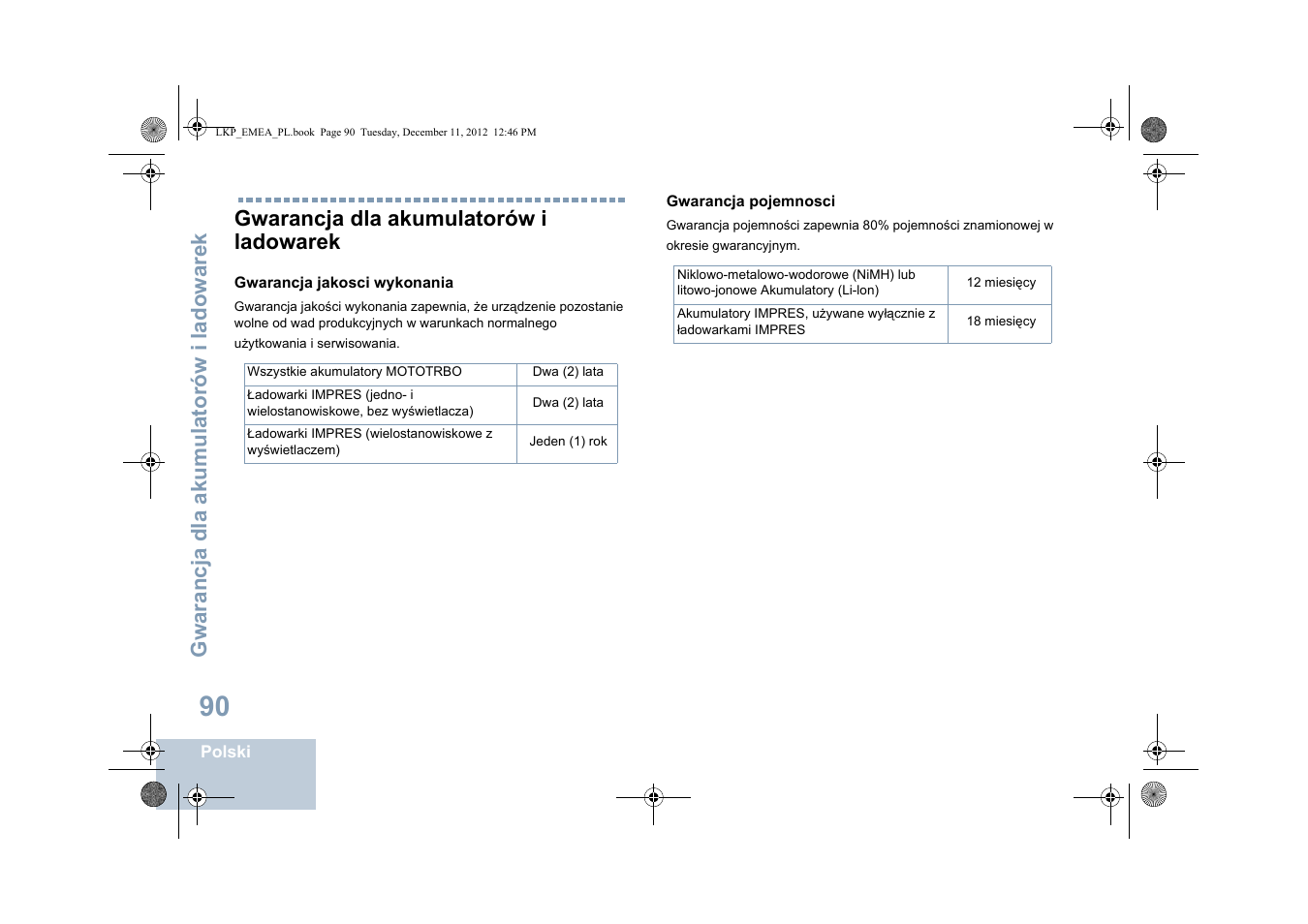 Gwarancja dla akumulatorów i ladowarek, Gwarancja dla akumula torów i ladowarek | Motorola DP 2600 User Manual | Page 698 / 900