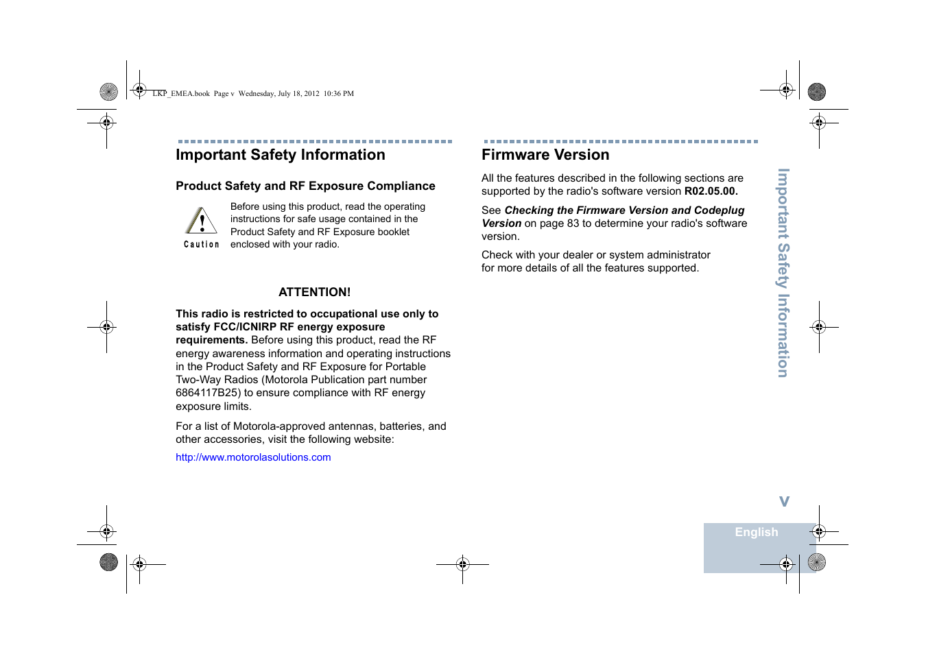 Important safety information, Product safety and rf exposure compliance, Firmware version | Product safety and rf exposure compliance . . . v | Motorola DP 2600 User Manual | Page 7 / 900