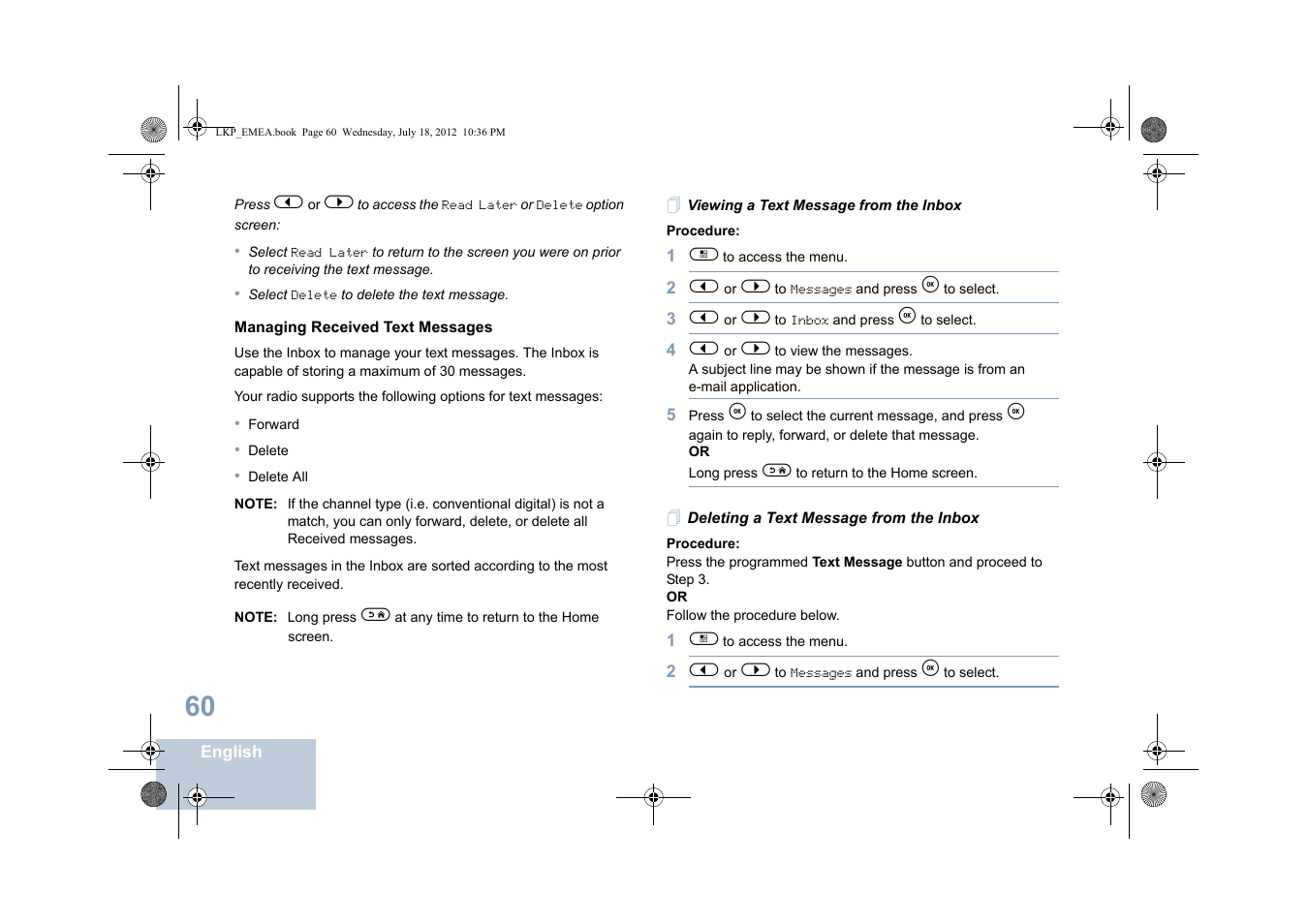 Managing received text messages, Viewing a text message from the inbox, Deleting a text message from the inbox | Motorola DP 2600 User Manual | Page 70 / 900