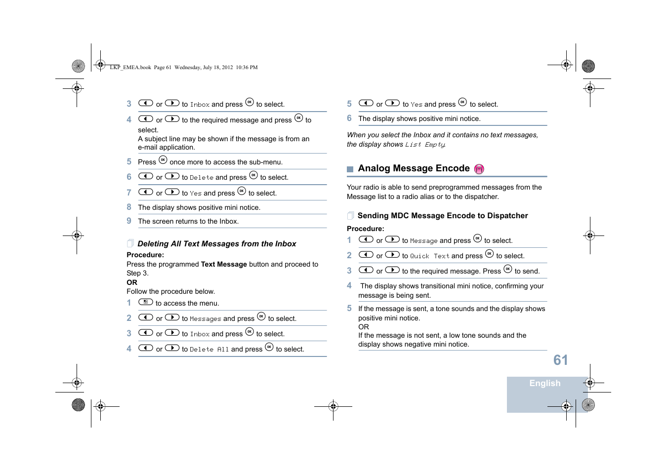 Deleting all text messages from the inbox, Analog message encode, Sending mdc message encode to dispatcher | Motorola DP 2600 User Manual | Page 71 / 900