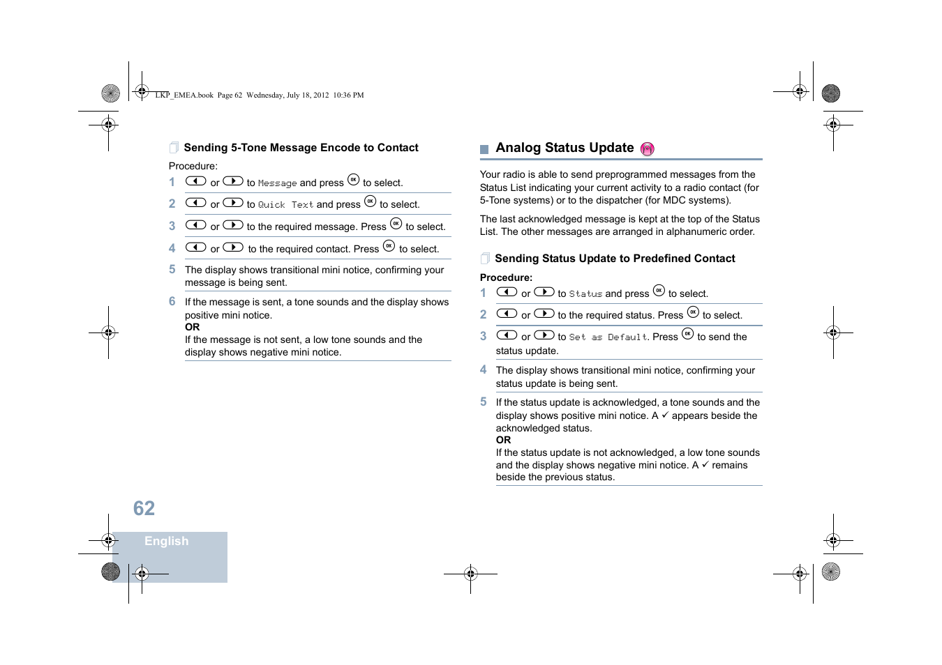 Sending 5-tone message encode to contact, Analog status update, Sending status update to predefined contact | Motorola DP 2600 User Manual | Page 72 / 900