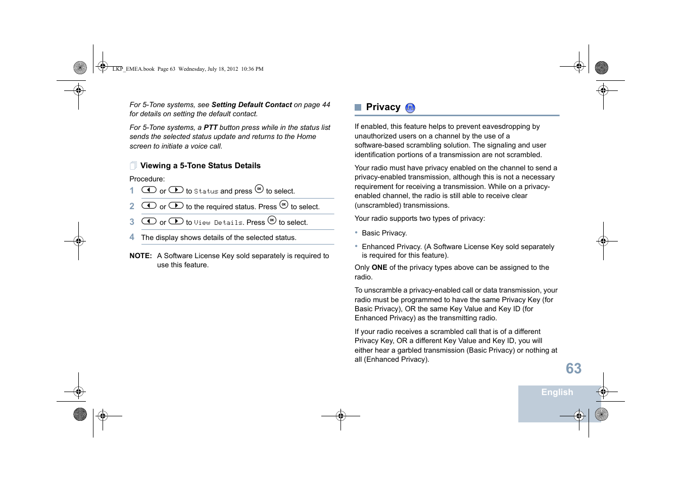 Viewing a 5-tone status details, Privacy | Motorola DP 2600 User Manual | Page 73 / 900