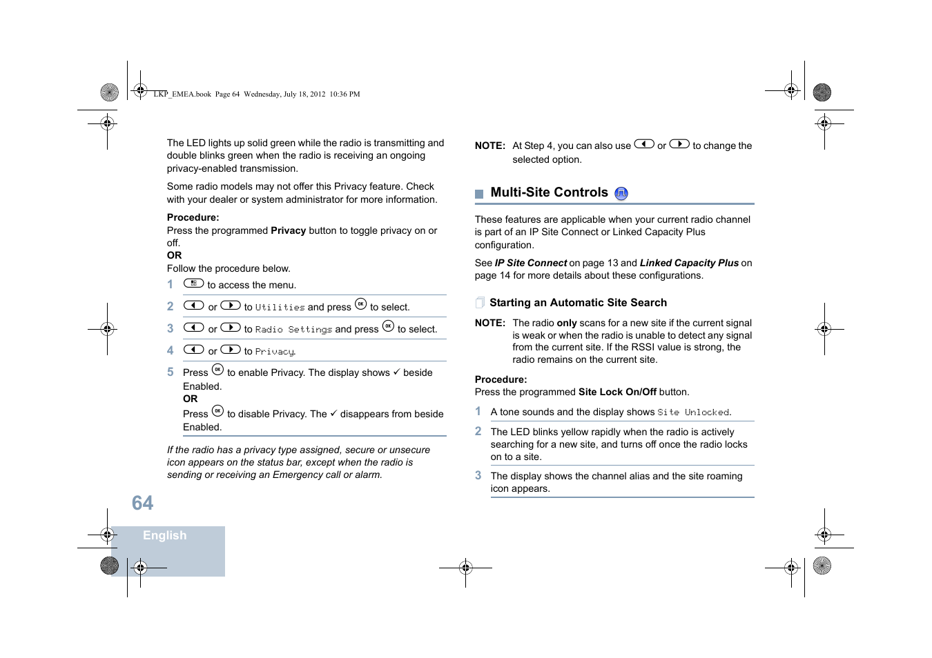 Multi-site controls, Starting an automatic site search | Motorola DP 2600 User Manual | Page 74 / 900