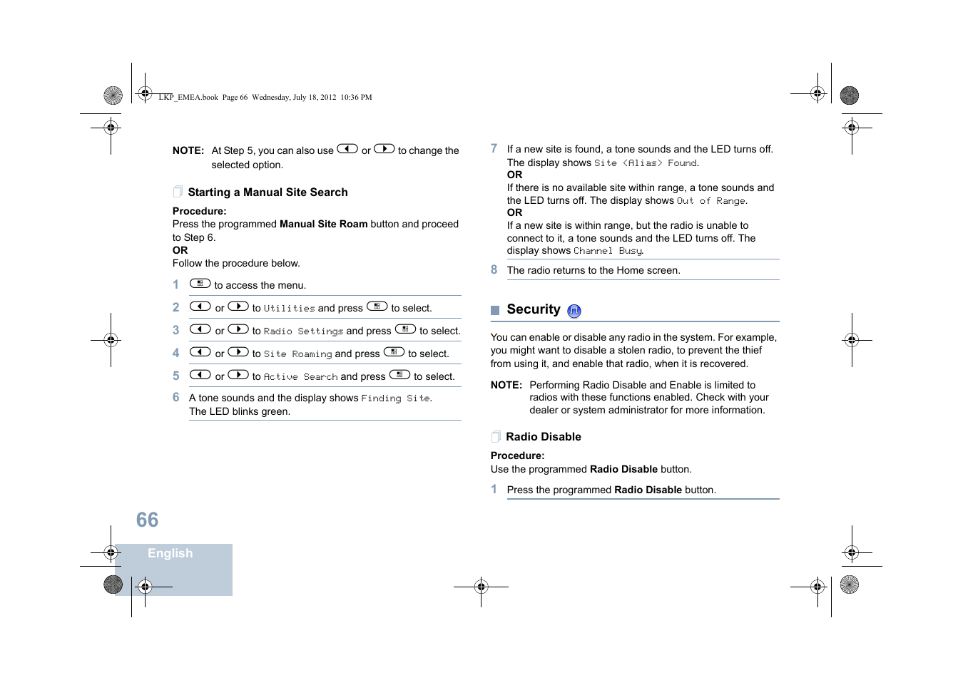 Starting a manual site search, Security, Radio disable | Motorola DP 2600 User Manual | Page 76 / 900