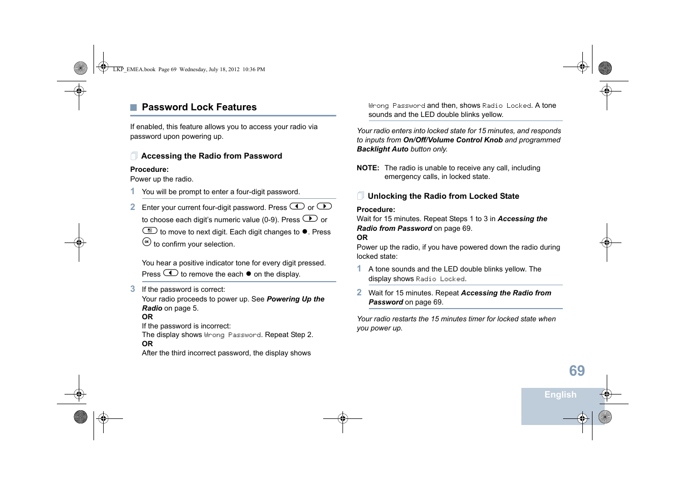 Password lock features, Accessing the radio from password, Unlocking the radio from locked state | Motorola DP 2600 User Manual | Page 79 / 900