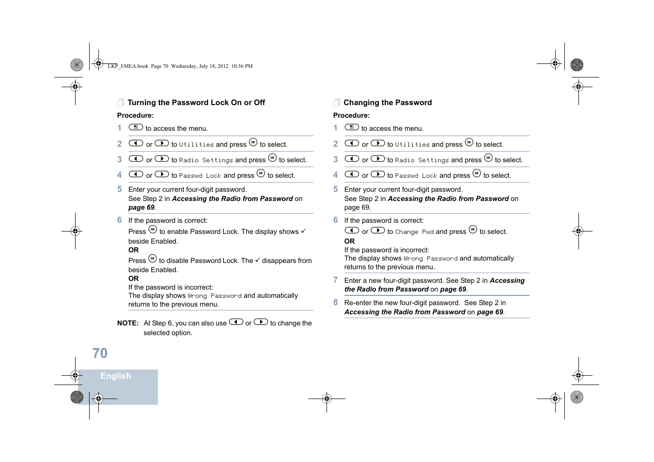 Turning the password lock on or off, Changing the password | Motorola DP 2600 User Manual | Page 80 / 900