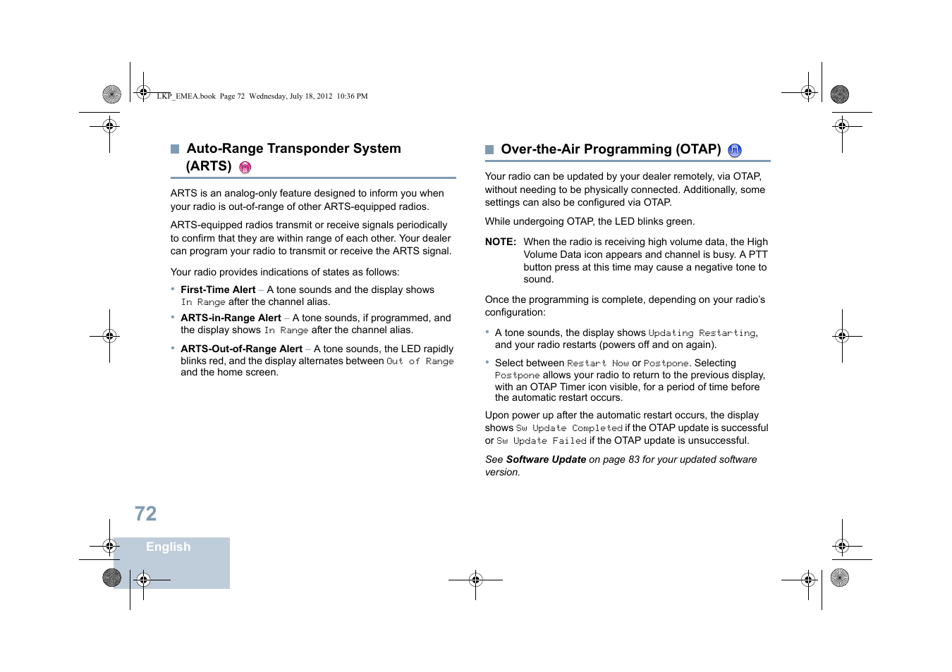 Auto-range transponder system (arts), Over-the-air programming (otap), Auto-range transponder system | Arts) | Motorola DP 2600 User Manual | Page 82 / 900