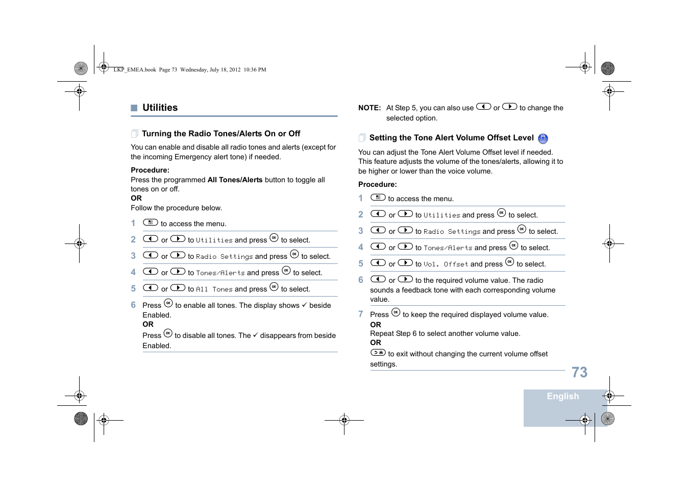 Utilities, Turning the radio tones/alerts on or off, Setting the tone alert volume offset level | Turning the radio tones/ alerts on or off on | Motorola DP 2600 User Manual | Page 83 / 900