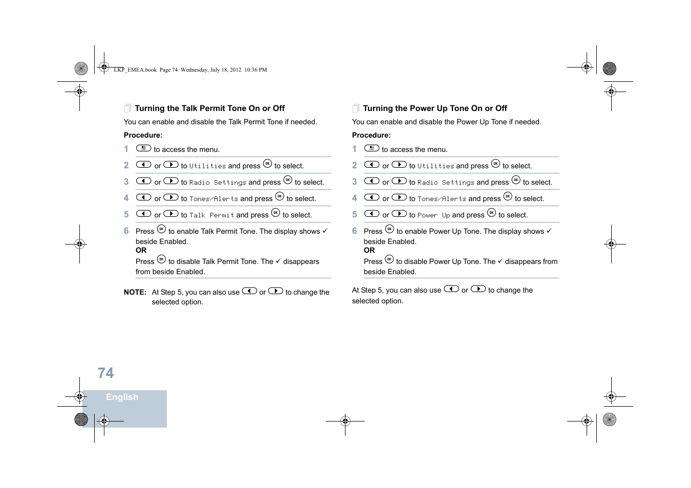 Turning the talk permit tone on or off, Turning the power up tone on or off | Motorola DP 2600 User Manual | Page 84 / 900