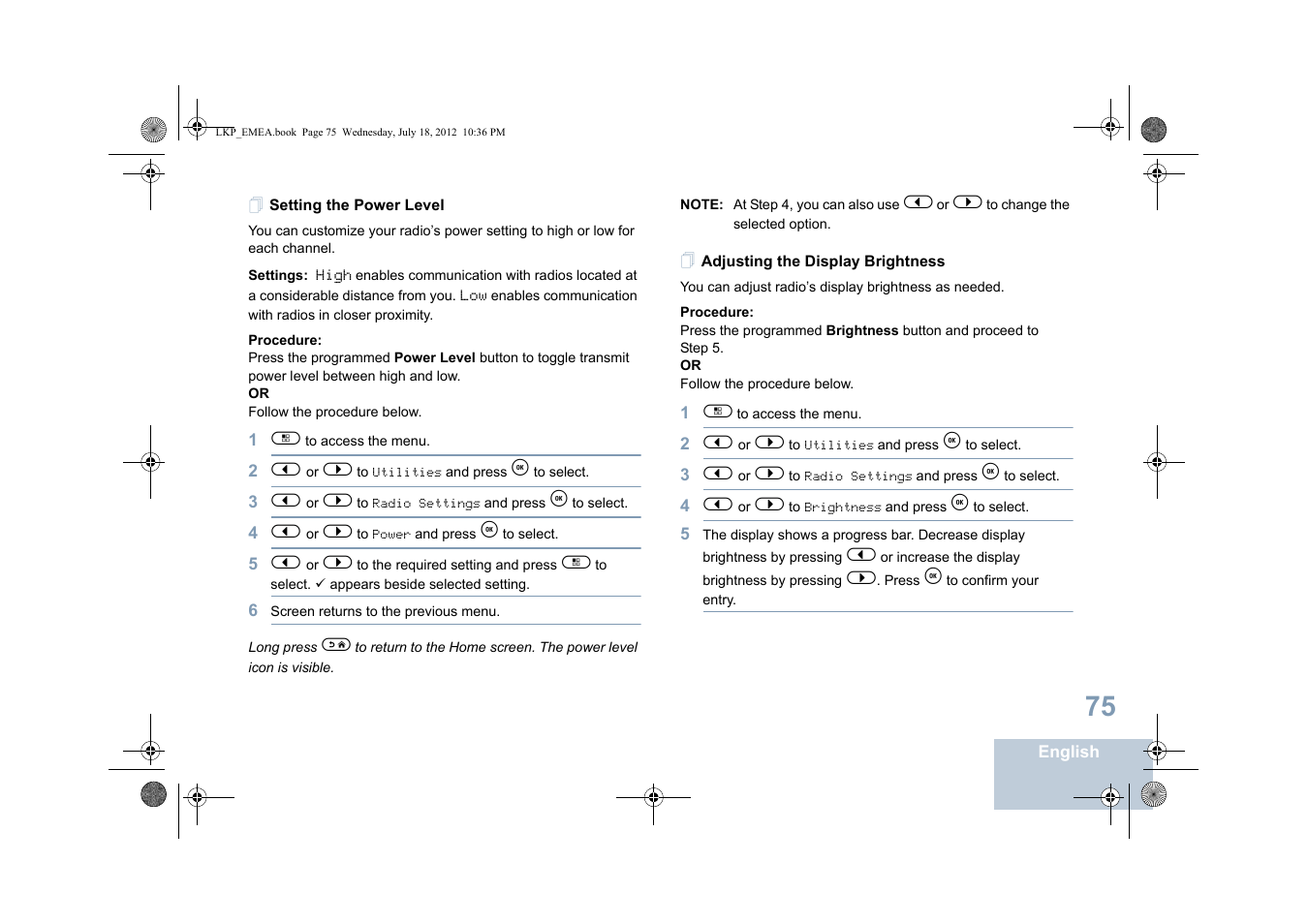 Setting the power level, Adjusting the display brightness | Motorola DP 2600 User Manual | Page 85 / 900