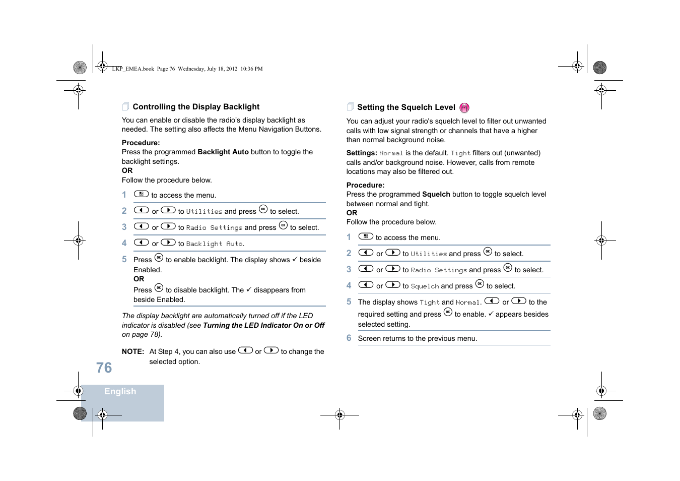 Controlling the display backlight, Setting the squelch level | Motorola DP 2600 User Manual | Page 86 / 900