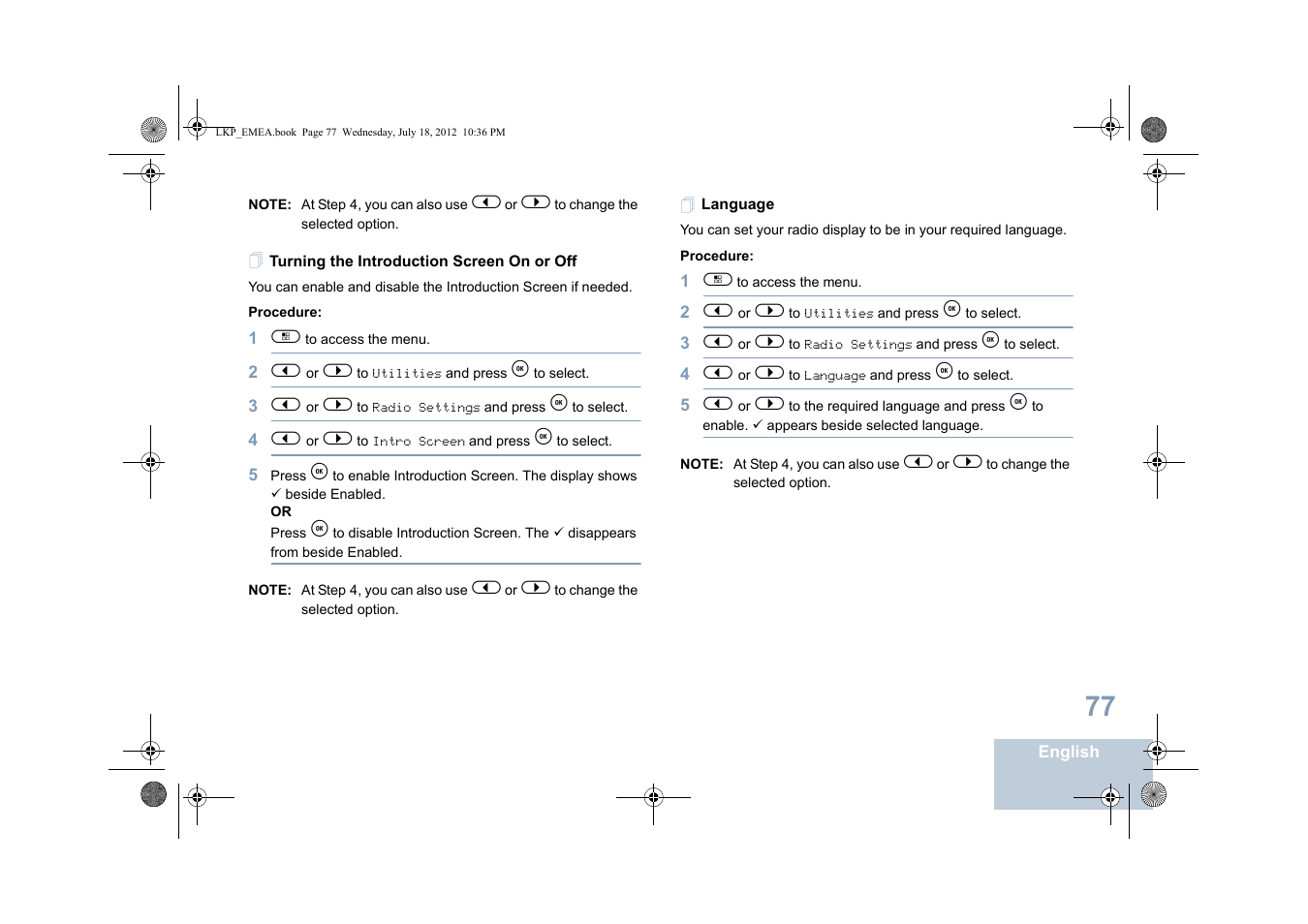 Turning the introduction screen on or off, Language, Turning the introduction screen on or off language | Motorola DP 2600 User Manual | Page 87 / 900