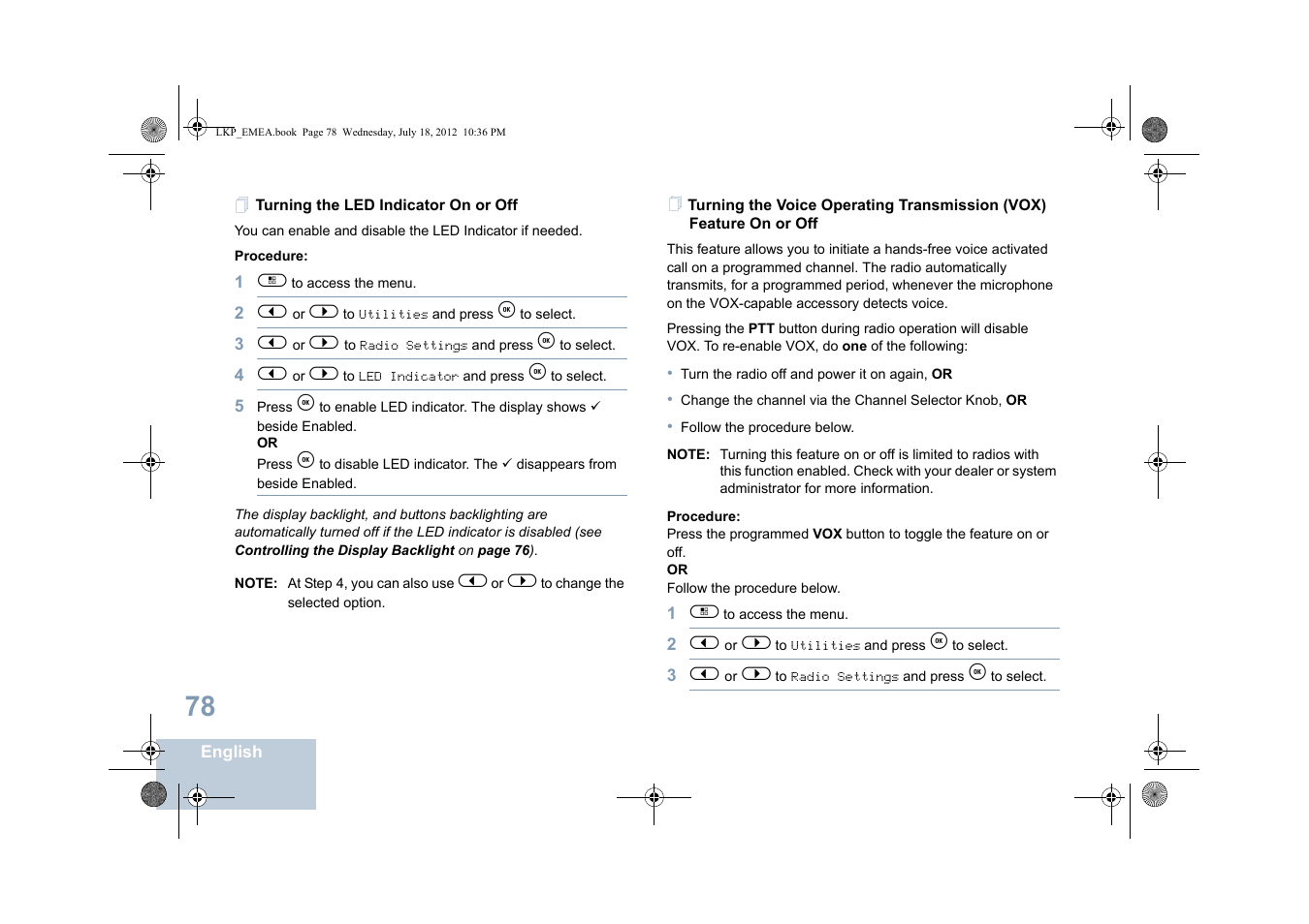 Turning the led indicator on or off | Motorola DP 2600 User Manual | Page 88 / 900